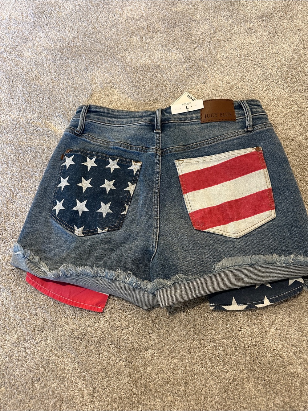 Judy Blue Medium Blue Distressed Denim high waist Shorts with Flag Pocket Lining - Picture 2 of 3